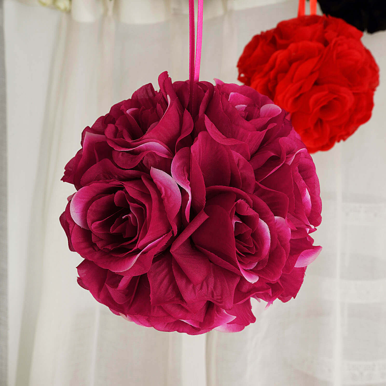 2 Pack Fuchsia Artificial Silk Rose Kissing Ball, Flower Ball 7