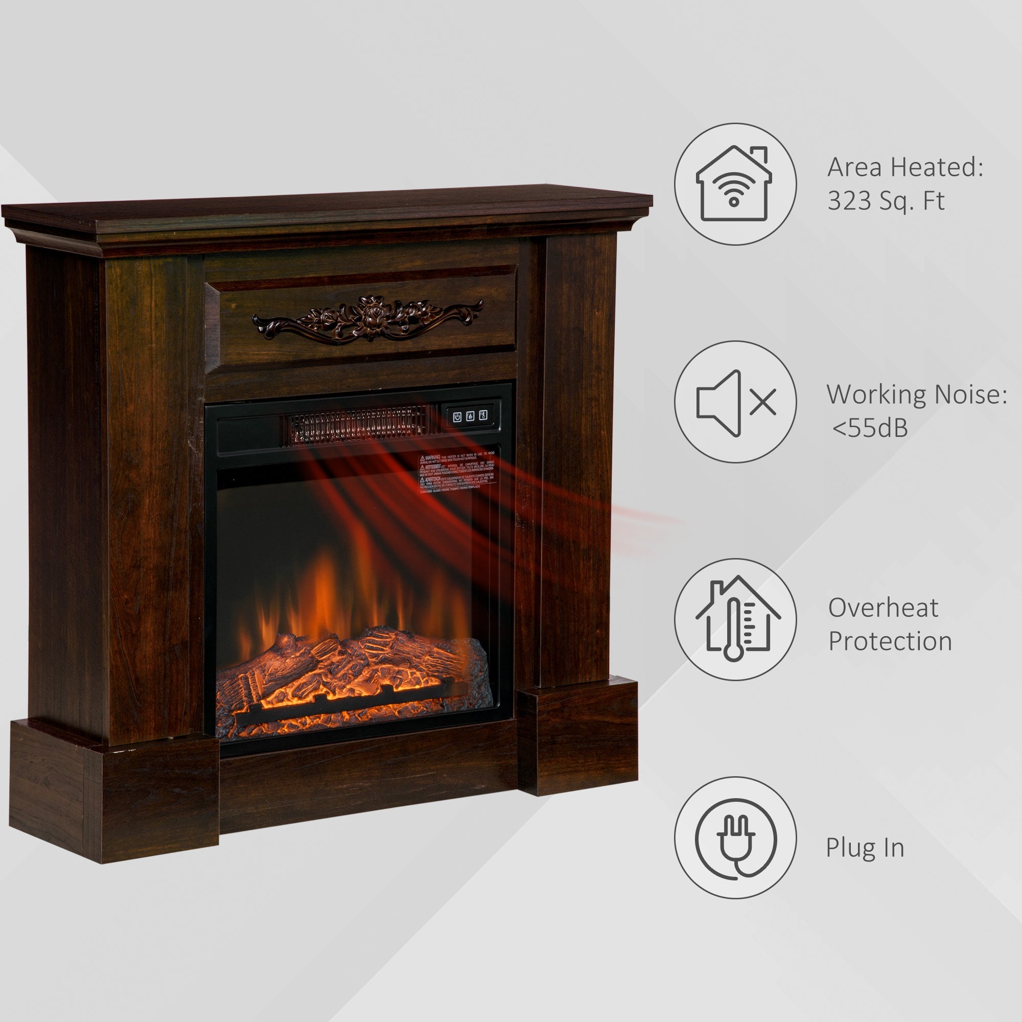 HOMCOM 32" 1400W Electric Fireplace Mantel w/ Realistic LED Log Heater, Brown