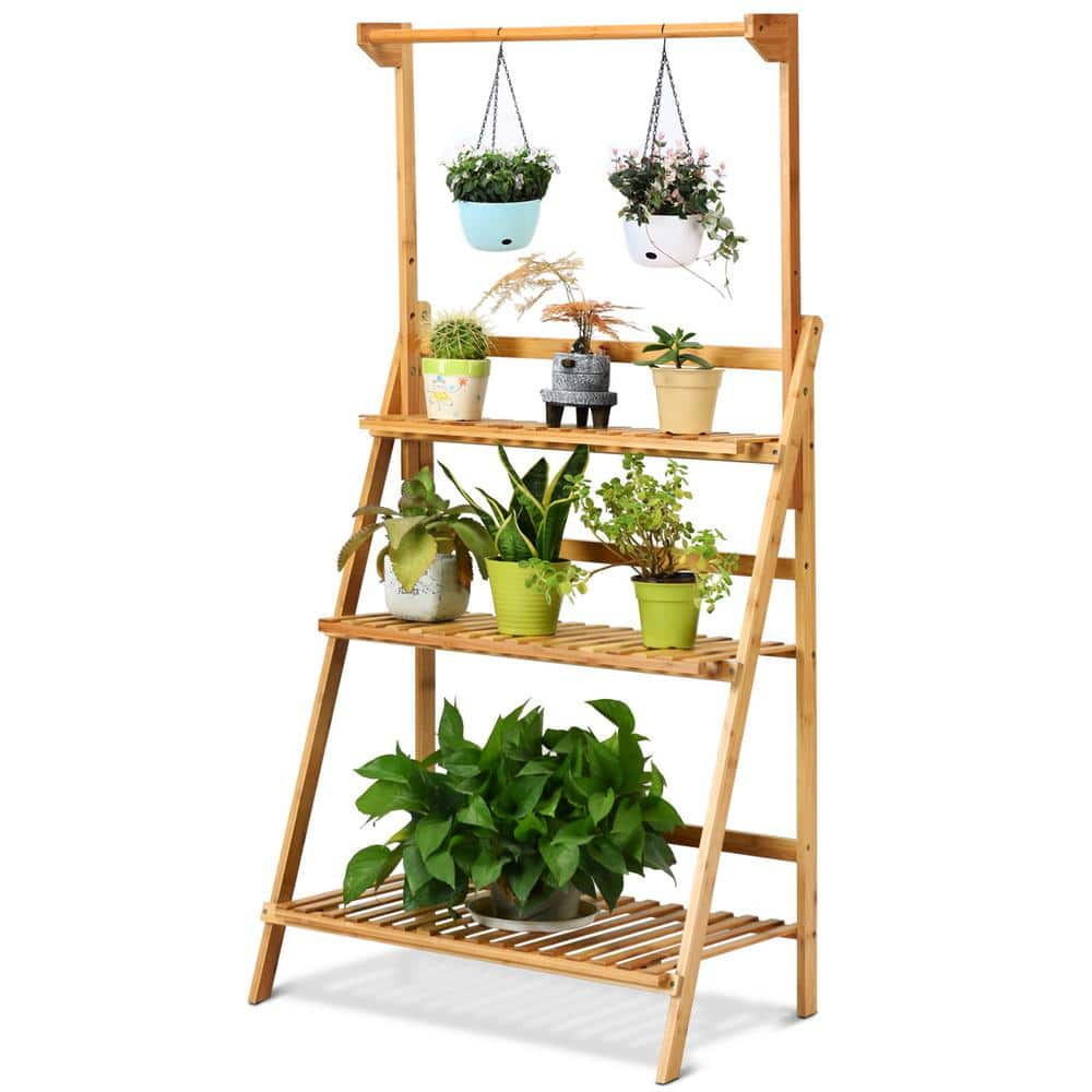 HONEY JOY 27.5 in. x 16 in. x 47.5 in. Hanging Folding Indoor/Outdoor Natural Wood Bamboo Plant Shelf Stand (3-Tier) TOPB000476