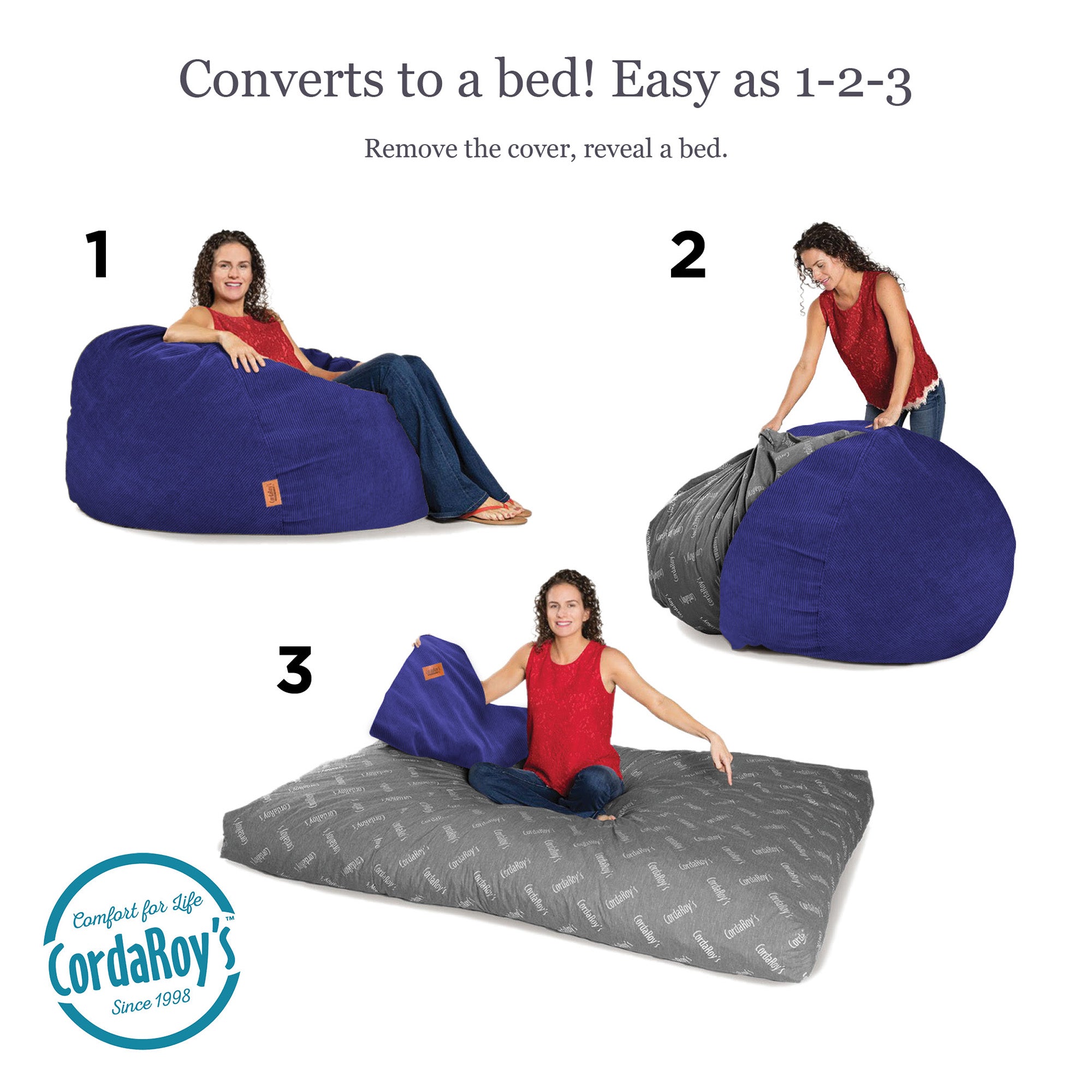 CordaRoy's Convertible Corduroy Full Size Bean Bag Chair, Navy