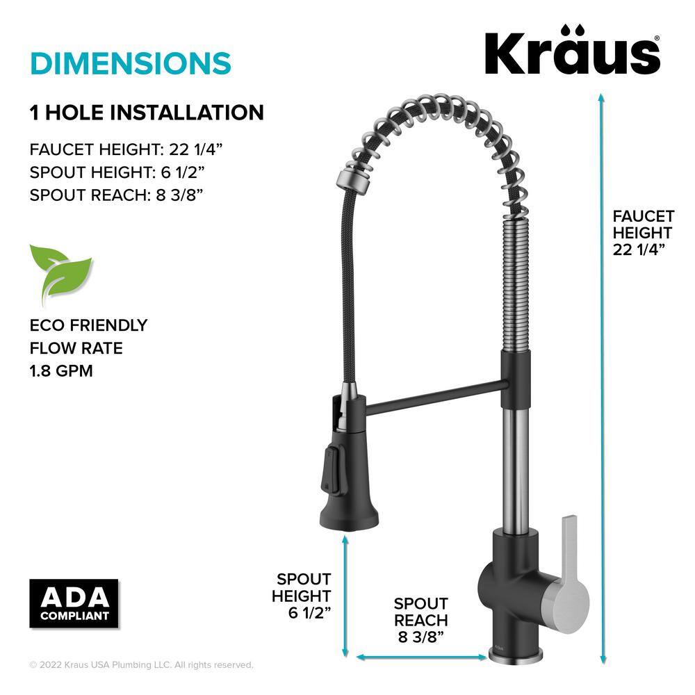 KRAUS Britt Commercial Style Pull-Down Single Handle Kitchen Faucet in Spot-Free Stainless SteelMatte Black KPF-1691SFSMB