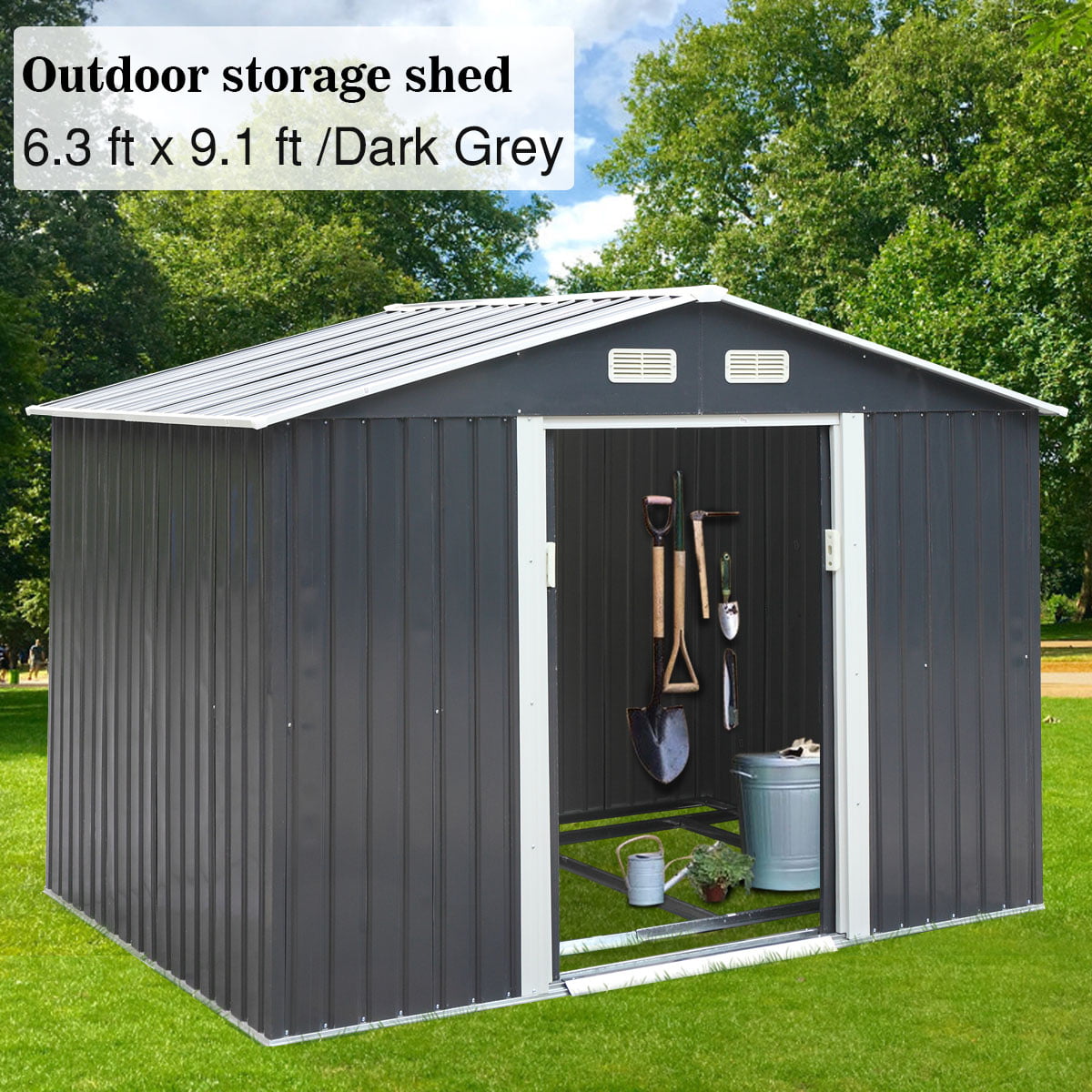 Jaxpety 6.3 x 9.1 ft Large Garden Storage Shed Galvanized Steel Outdoor Tool House with Sliding Door, Roof and 4 Vents, Dark Gray