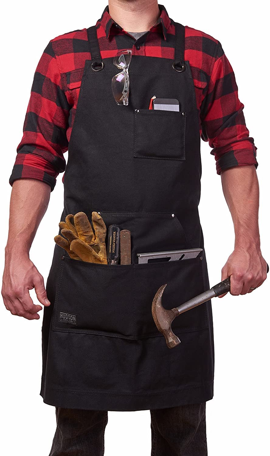 Hudson Durable Goods - Heavy Duty Waxed Canvas Work Apron with Tool Pockets (Black), Cross-Back Straps & Adjustable M to XXL