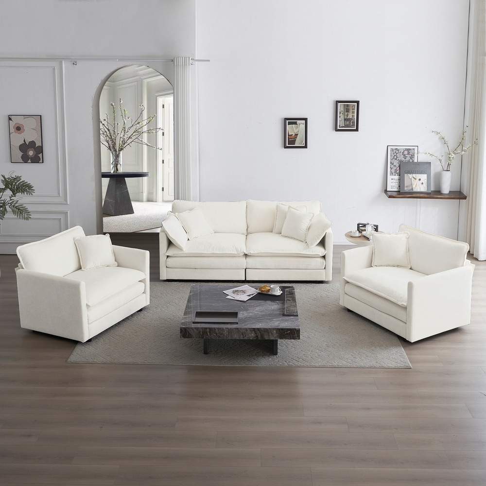 3 Piece Set Chenille Upholstered Extra Deep Seat Oversized Sofa with 2 Seat Sofa and Two Single Sofa Sets