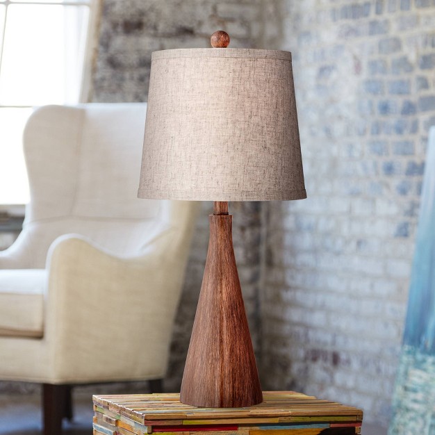 High Cone Small Mid Century Modern Accent Table Lamps Set Of 2 Brown Wood Finish Living Room Bedroom Oatmeal Shade