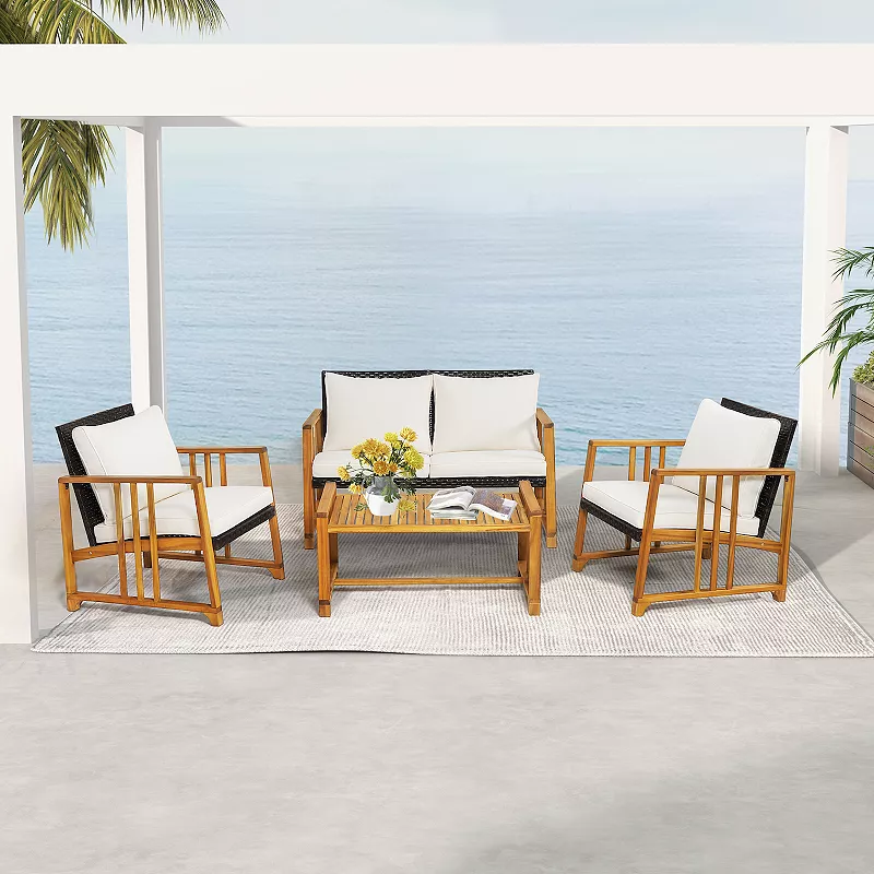 4 Pieces Patio Rattan Conversation Set with Seat and Back Cushions-Off White