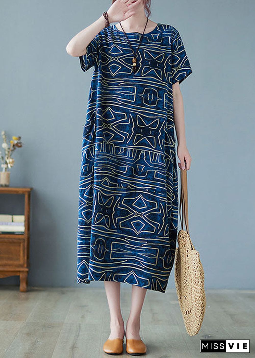 Italian Blue O-Neck Geometric Print Pockets Cotton Maxi Dress Short Sleeve