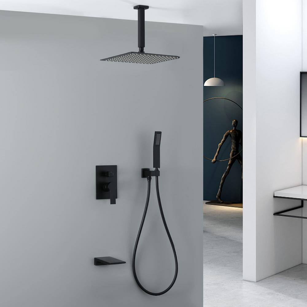 FLG Ceiling Mount Single-Handle 1-Spray Tub and Shower Faucet With 12 in. Shower Head in Matte Black (Valve Included) SS-0065-MB-12