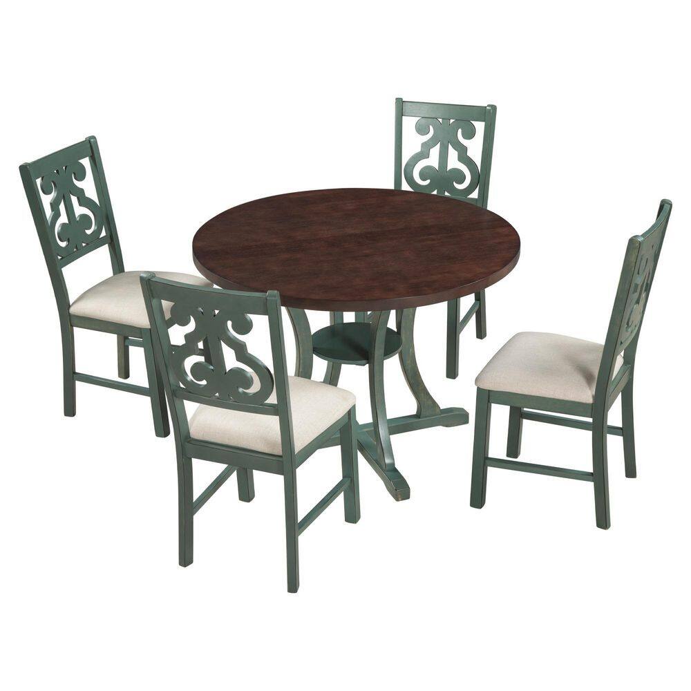 Delicately Crafted 5-Piece Round Antique Blue Wood Top Table Set Seats 4 with Hollow Chair Back ST-000056AAC