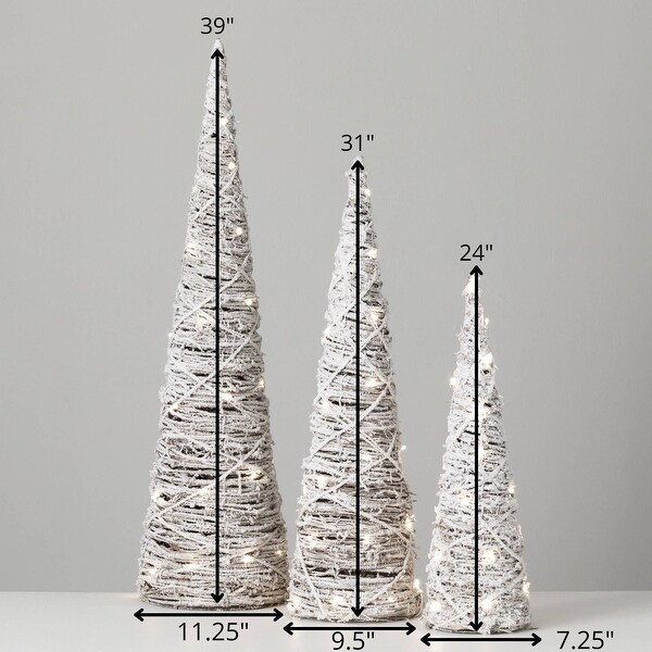 39H，31H and 24H Sullivans Christmas Lighted Frosted Cone Trees Set of 3，White