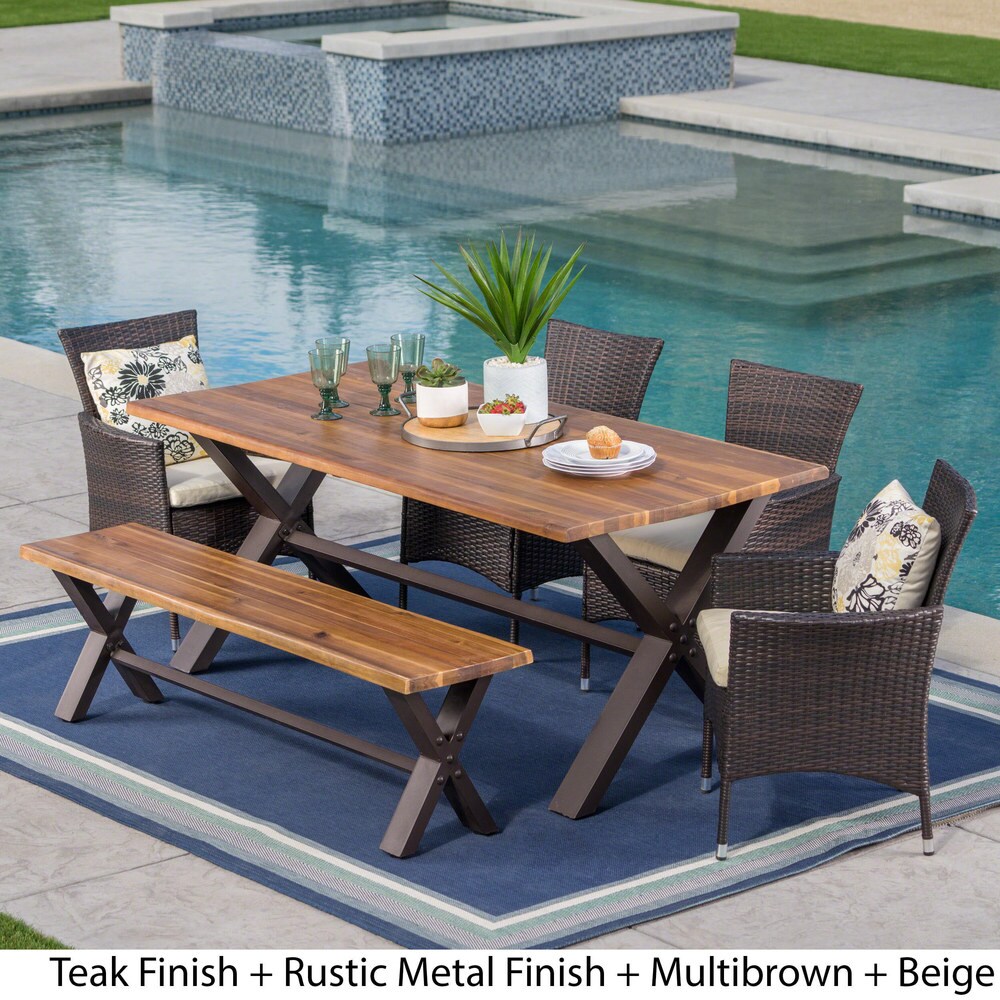 Ozark Outdoor 6 Piece Rectangle Wicker Wood Dining Set with Cushions by Christopher Knight Home