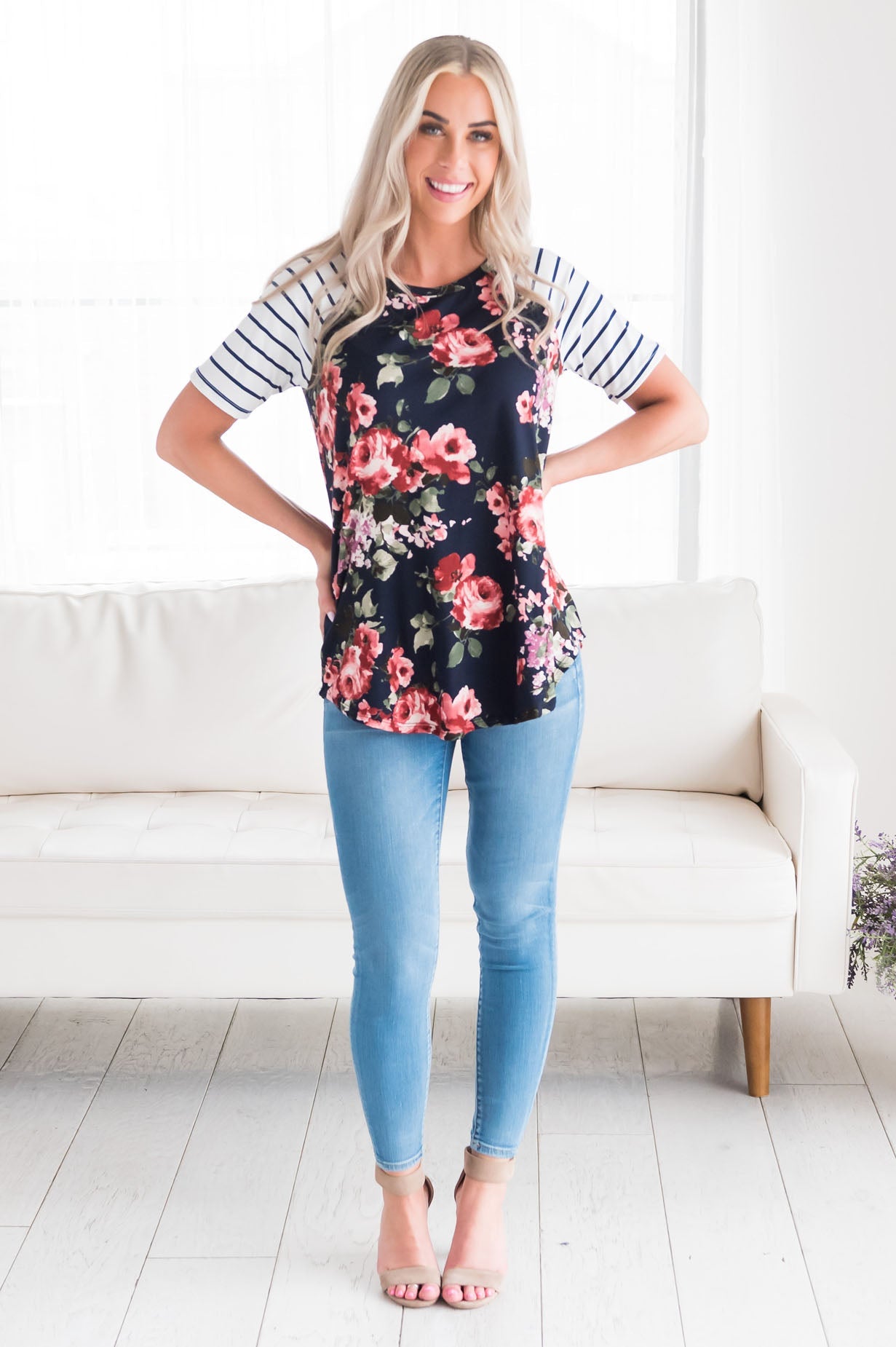 Floral & Stripes Baseball Sleeve Top