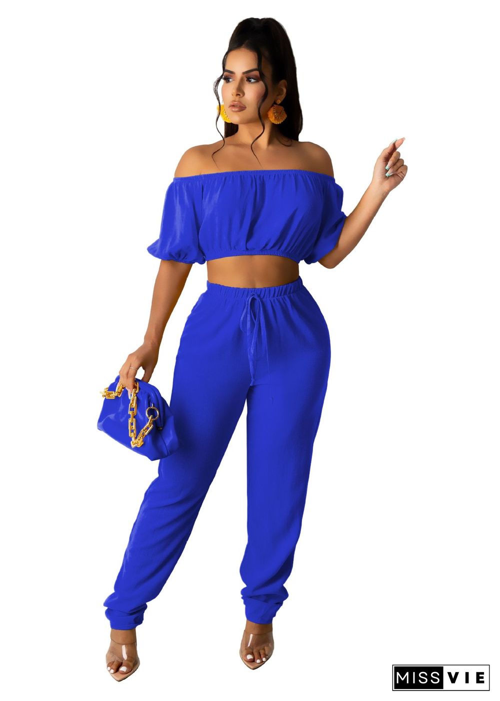 Sexy Solid Color High Elastic Off Shoulder Short Sleeve Crop Top Drawstring Long Pants Women 2 Piece Set