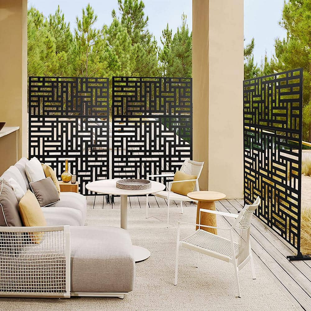 Tunearary Black Metal Outdoor Privacy Screen with Stand, Freestanding Outdoor Divider for Garden Patio Backyard(3-Panels) LYFD0102HPKMDV