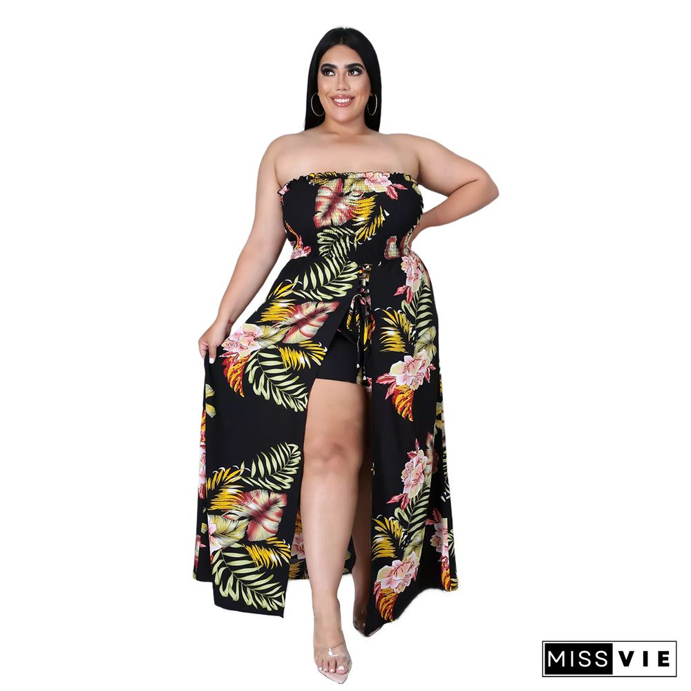 Summer Plus Size Women Clothing Floral Print Elastic Waist Beach Casual One Piece Split Jumpsuit