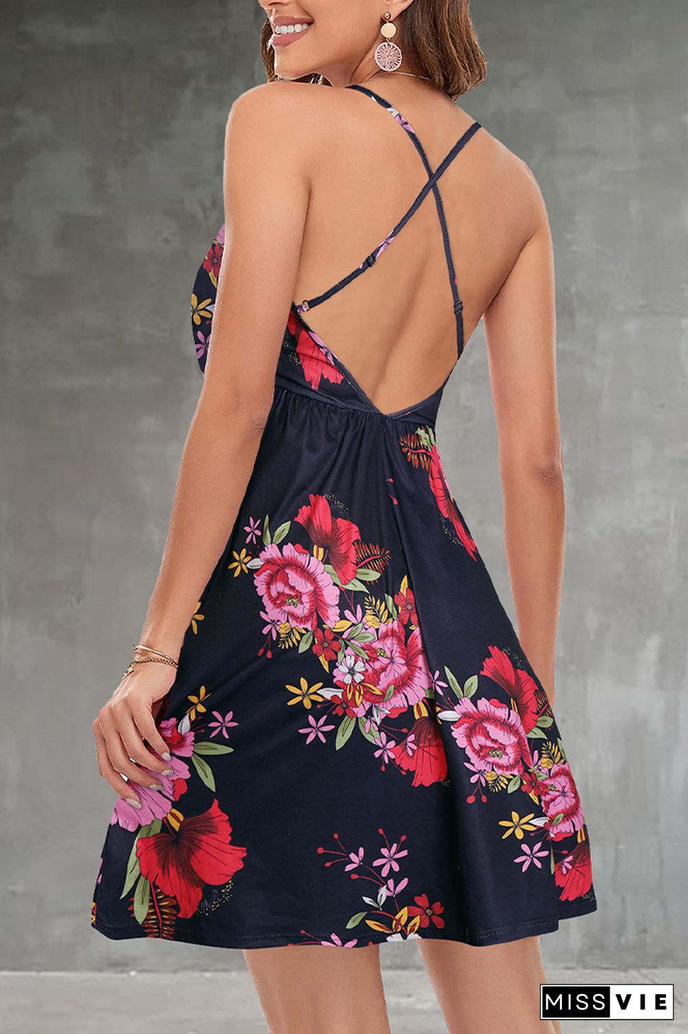 V-neck Slip Backless Floral Print Dress Wholesale