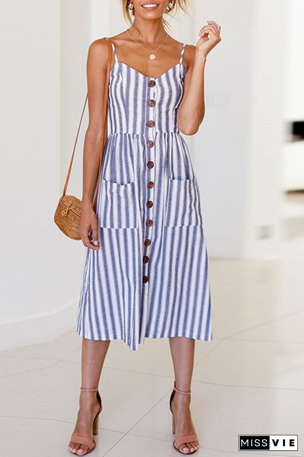 Striped Halter Botton Up Pocket Midi Dress