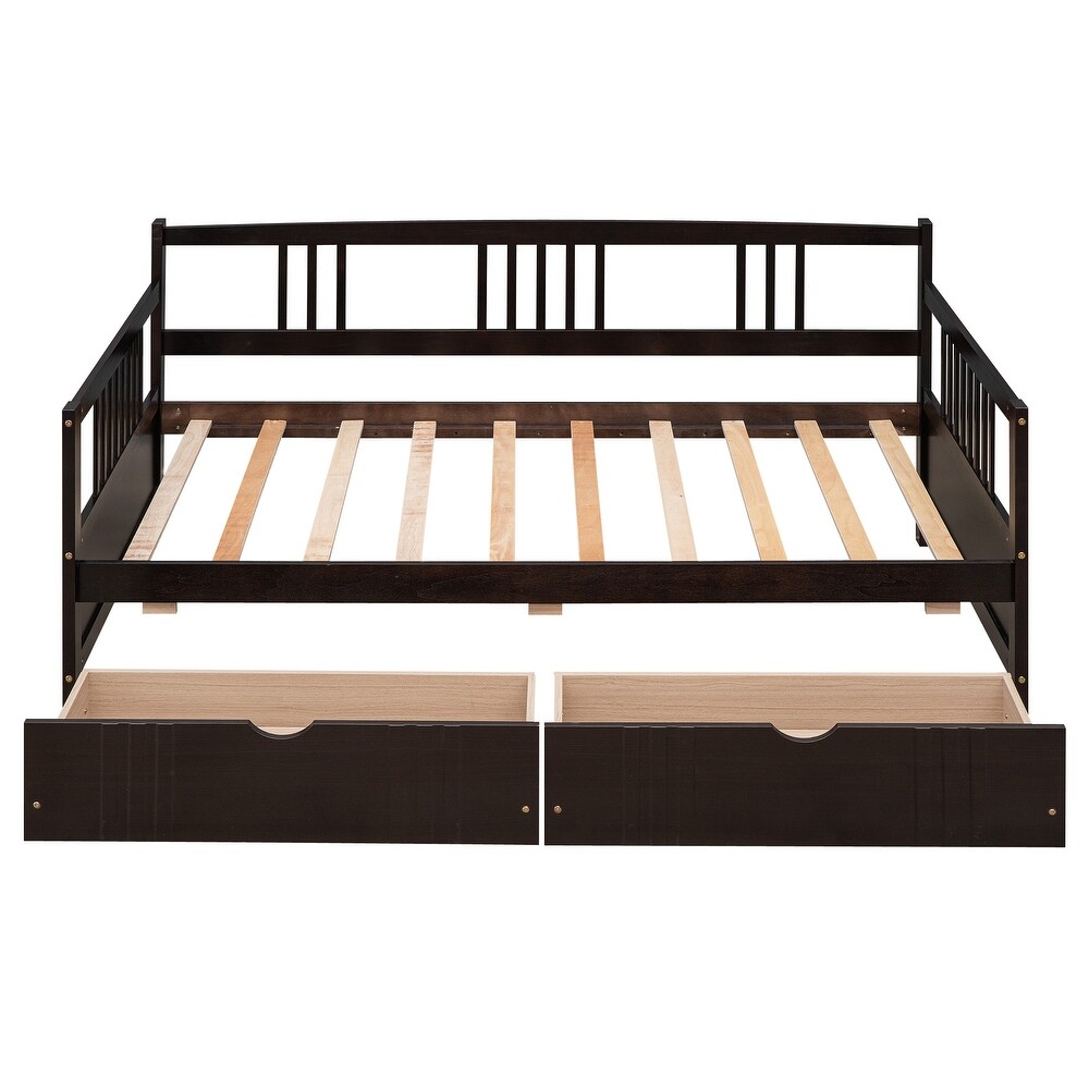 Twin Size Wood Daybed with 2 Storage Drawers and 3 Side Guardrail  Wood Kid's Bed with Wood Slats for Bedroom