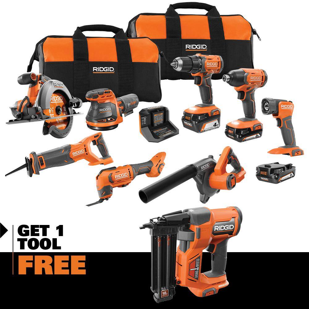 RIDGID 18V Cordless 8-Tool Combo Kit with (3) Batteries Charger and Bag with 18V 18-Gauge Brad Nailer R96258-R09891B