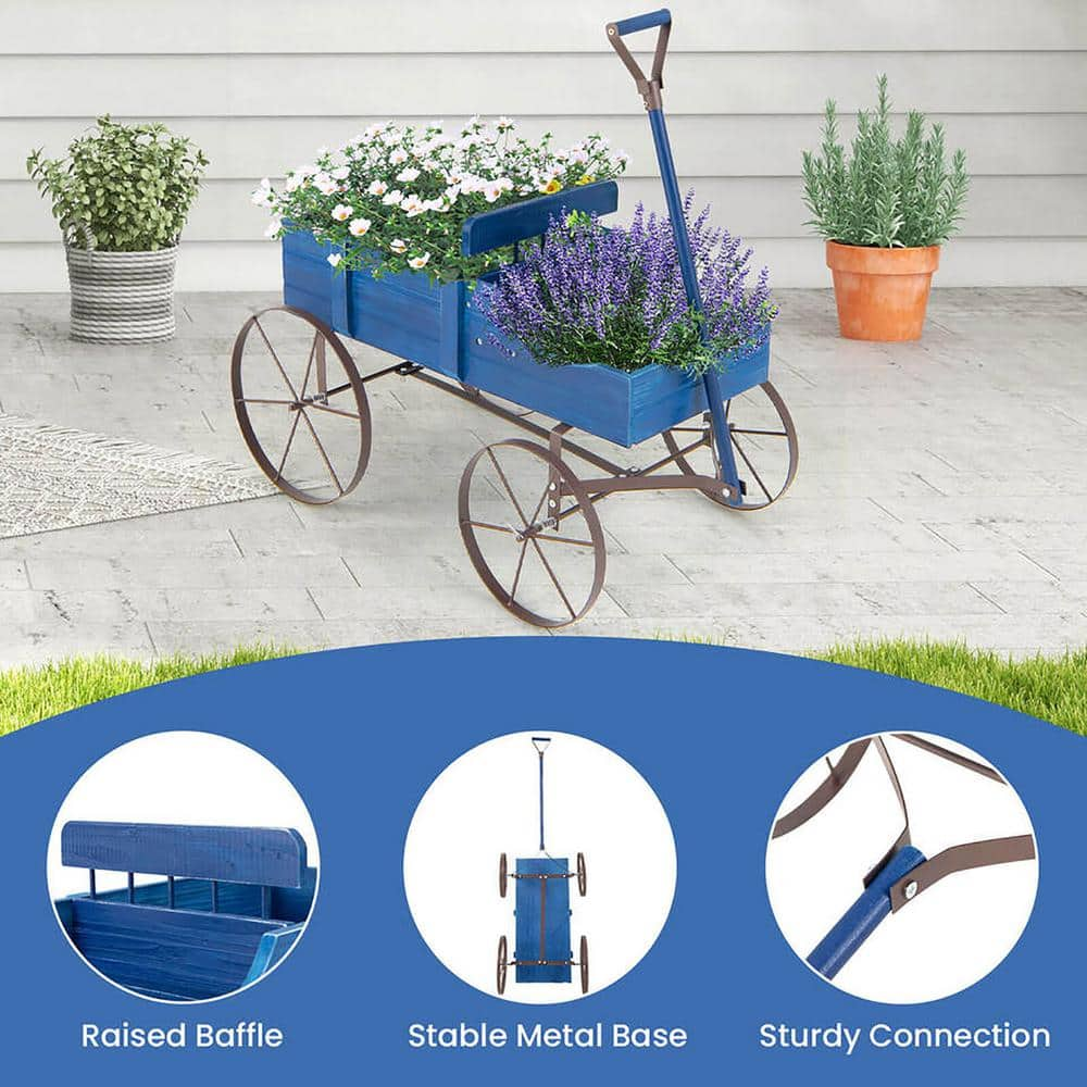 Gymax 24 in. x 24.5 in x 13.5 in. IndoorOutdoor Blue Wooden Garden Flower Planter Wagon Plant Bed with Wheel Garden Yard GYM13042