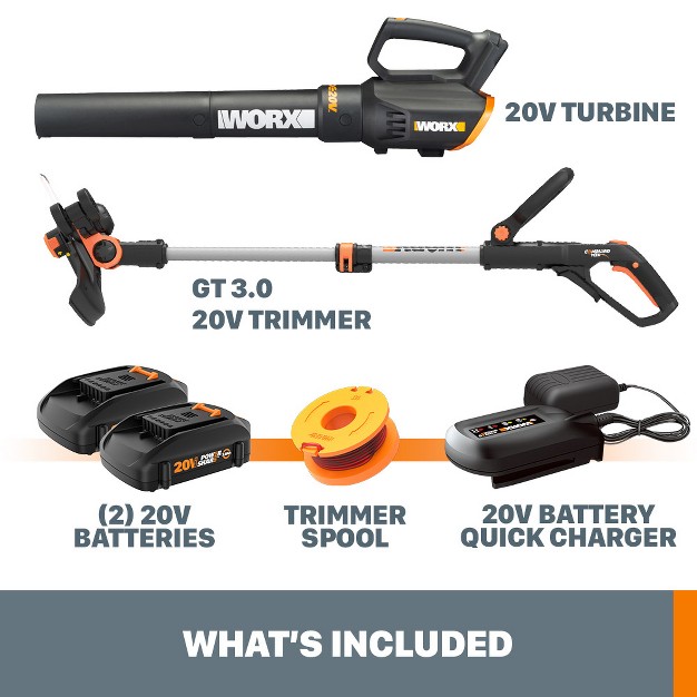 Worx Wg928 Power Share 20v Gt 3 0 Trimmer amp Turbine Blower batteries amp Charger Included