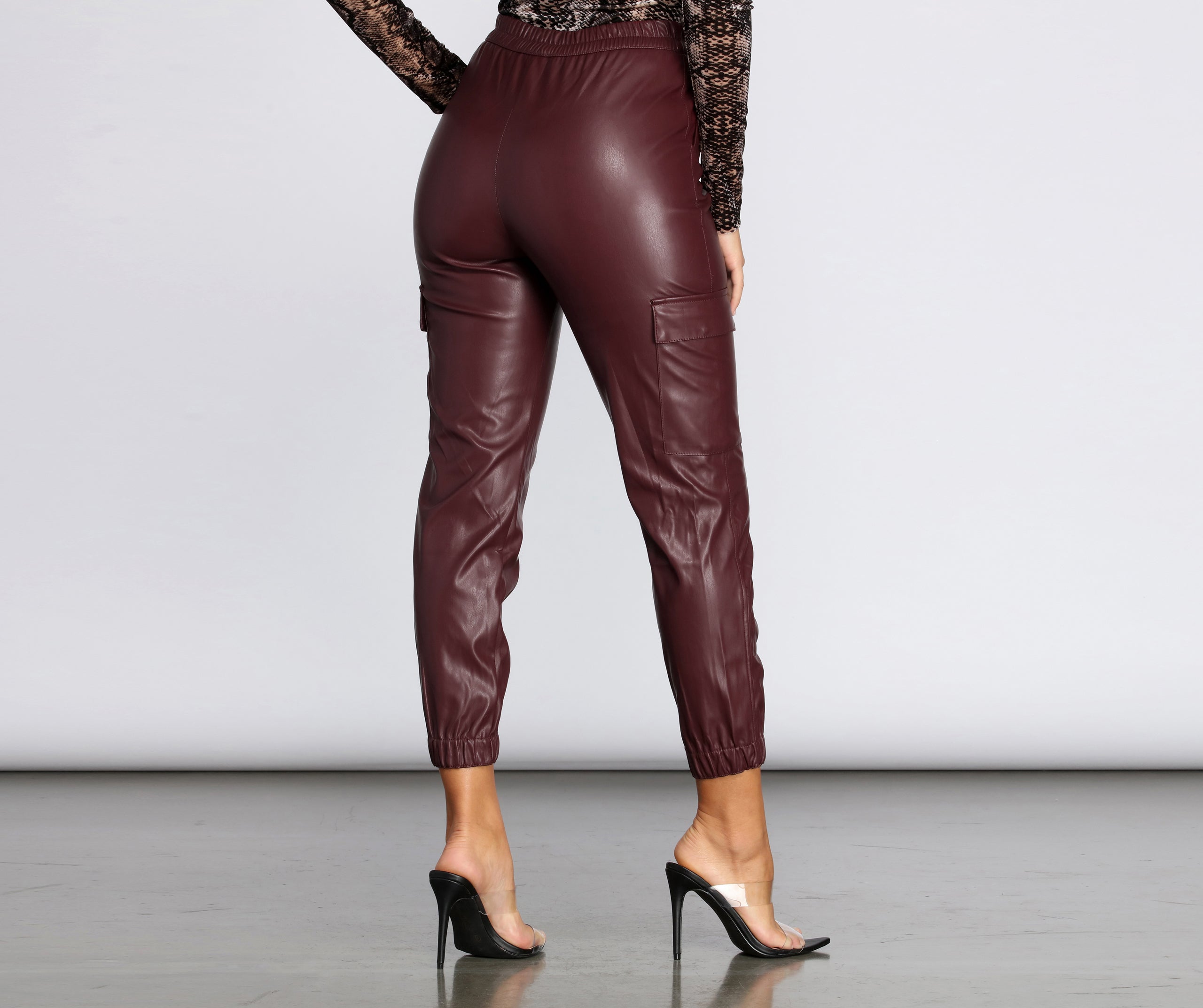 High Rise Faux Leather Cargo Joggers