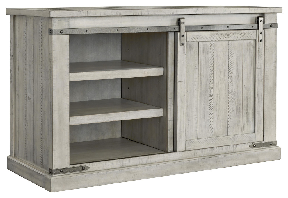 Benzara BM210650 54 quotWooden TV Stand with Barn Sliding Door  amp4 Shelves  White   Industrial   Entertainment Centers And Tv Stands   by Uber Bazaar  Houzz