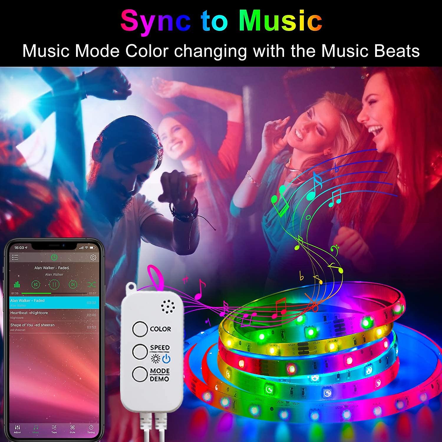 Led Strip Lights  10m Led Rgb Light Strip Music Sync 5050 Color Changing Bt Controller 24 Key Remote