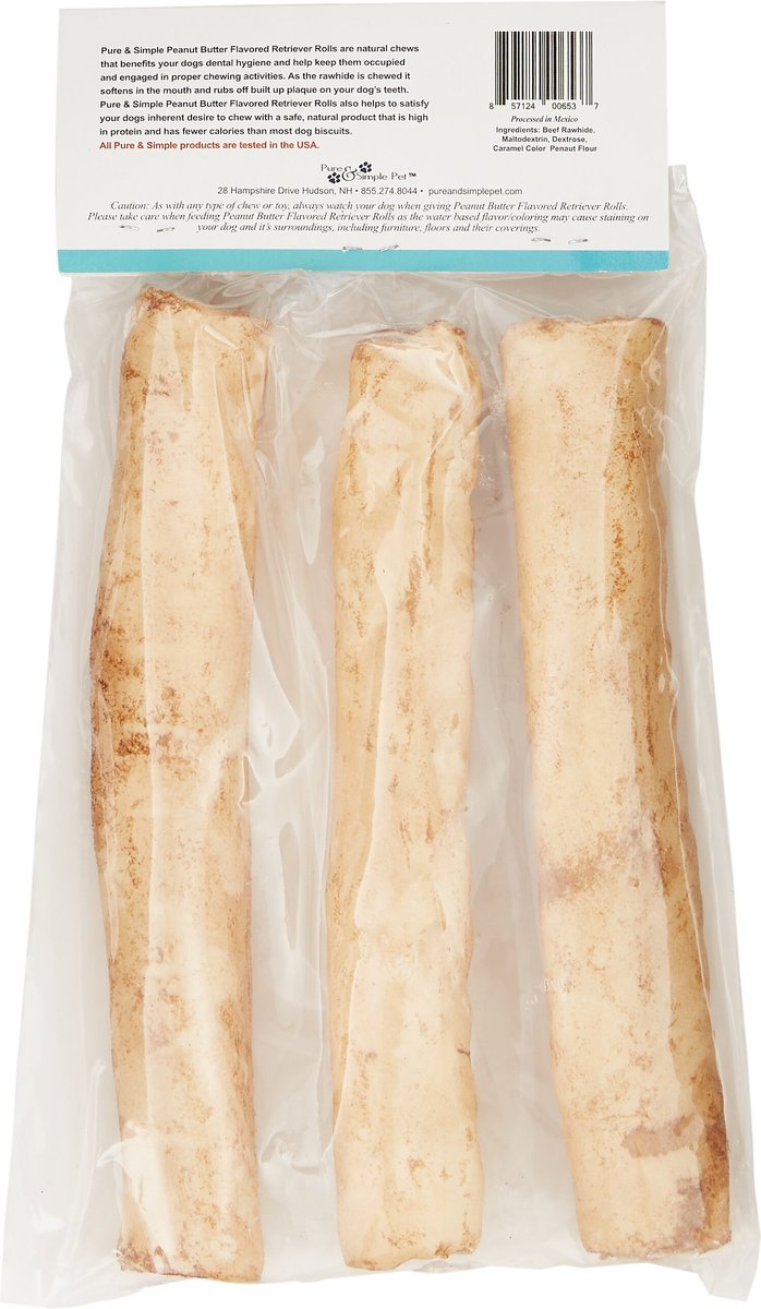 Pure and Simple Pet Peanut Butter Flavored Rawhide Retriever Roll Dog Treat， Large