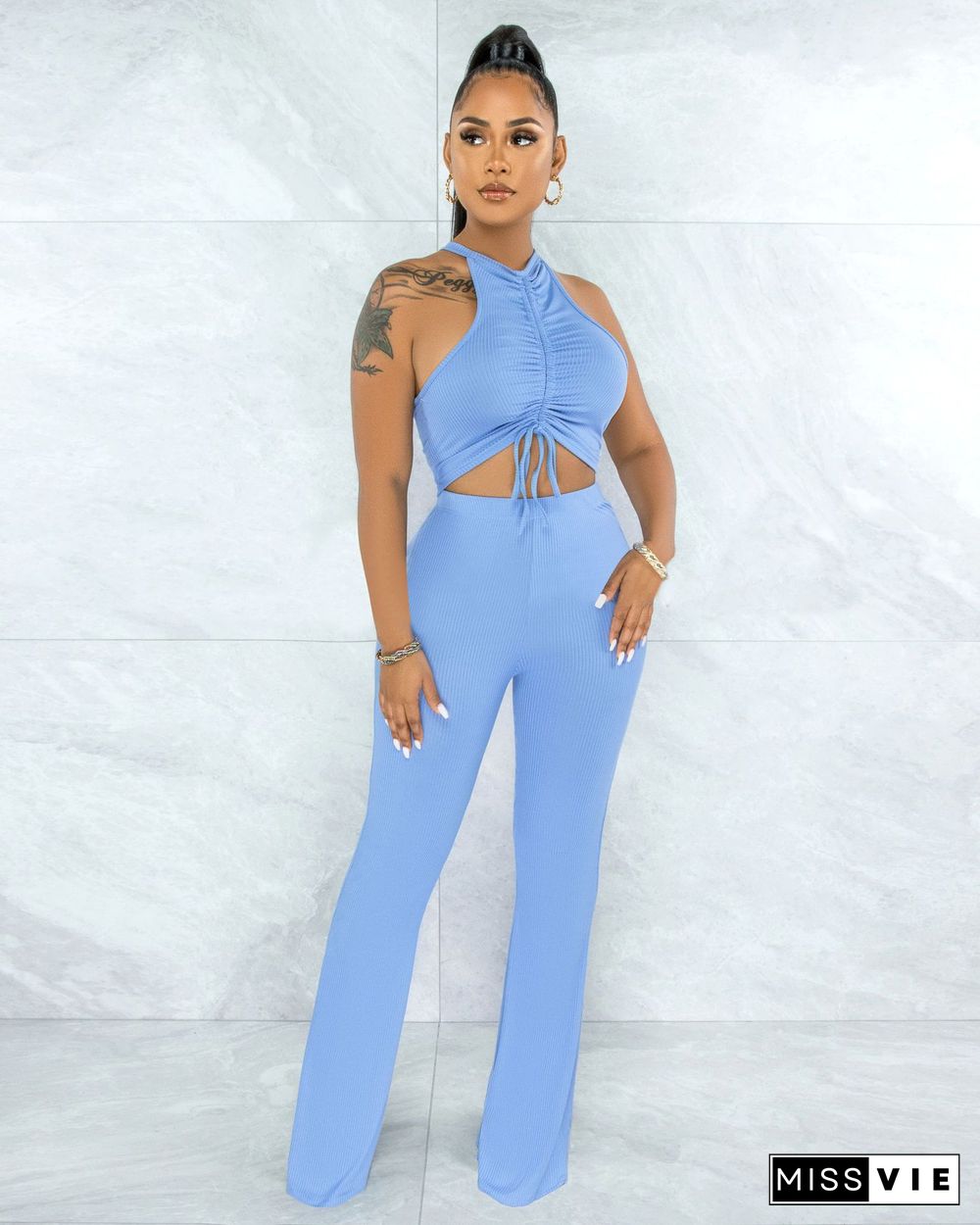 Solid Bandage Sleeveless Crop Top Flare Pants Set