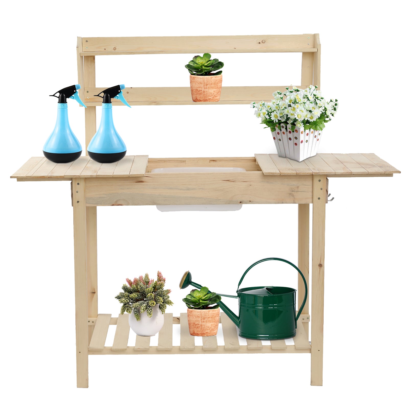 Luckinbaby Sliding Table-top Garden Workbench, Wood Gardening Desk with Shelves