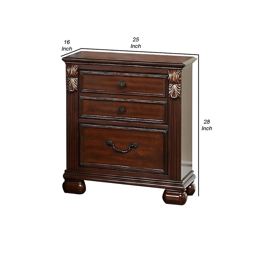 Miri 25 Inch 3 Drawer Nightstand  Brass Carved Accents  Cherry Oak Brown