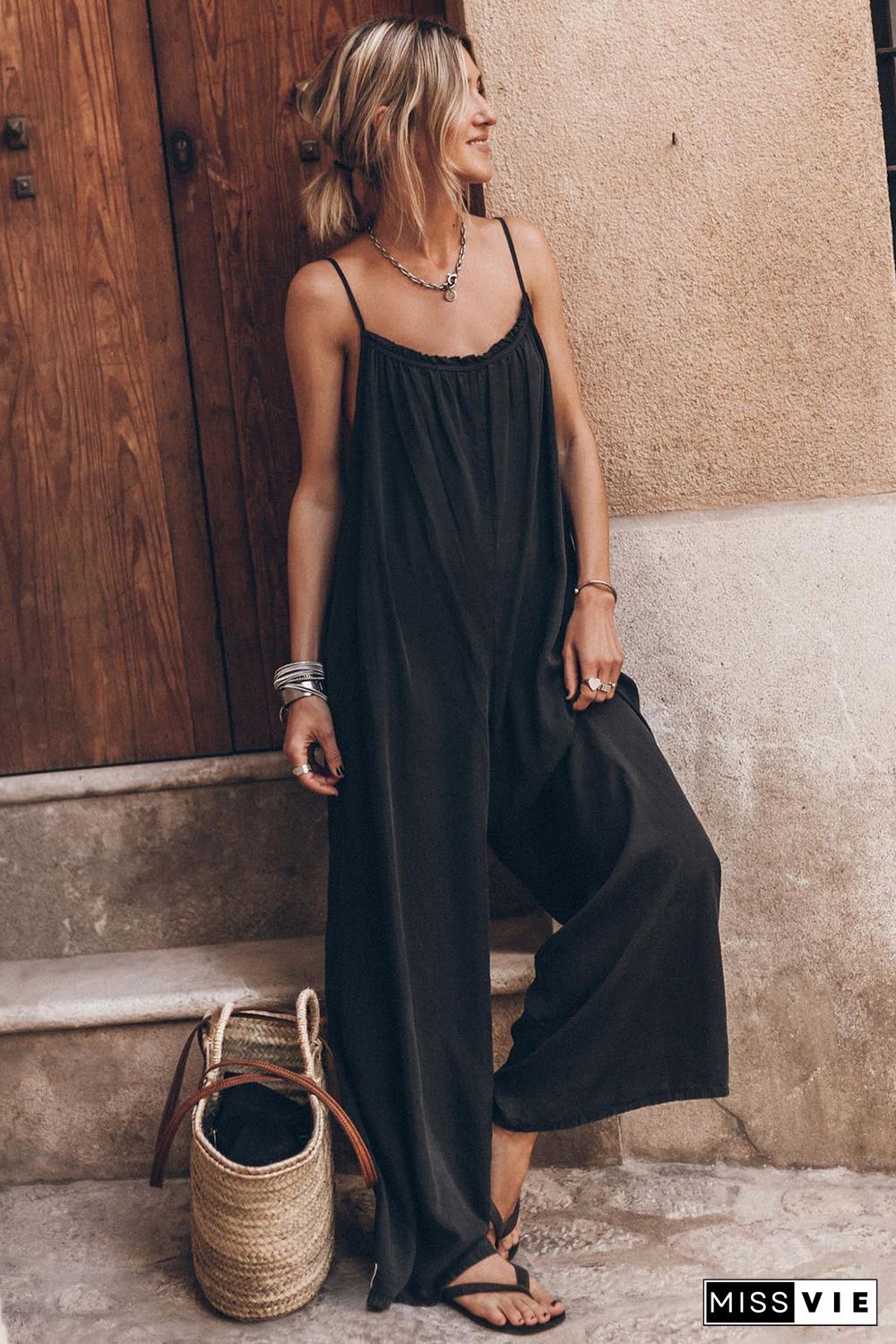 Black Frilled Neckline Backless Wide Leg Jumpsuit