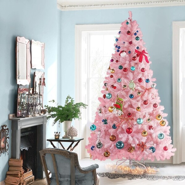 7.5ft Pink Artificial Christmas Pine Tree Seasonal Holiday Carnival Party Decoration with 1539 Branch Tips and Foldable Stand