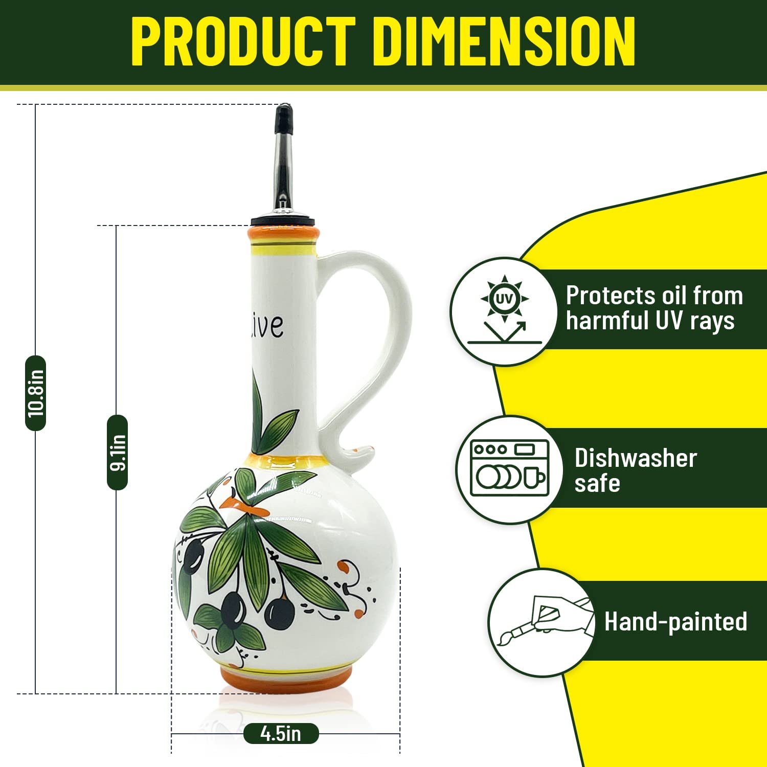 Ceramic Olive Oil Dispenser Bottle 15oz， Hand Painted Olive Oil Bottles for Kitchen， Decor