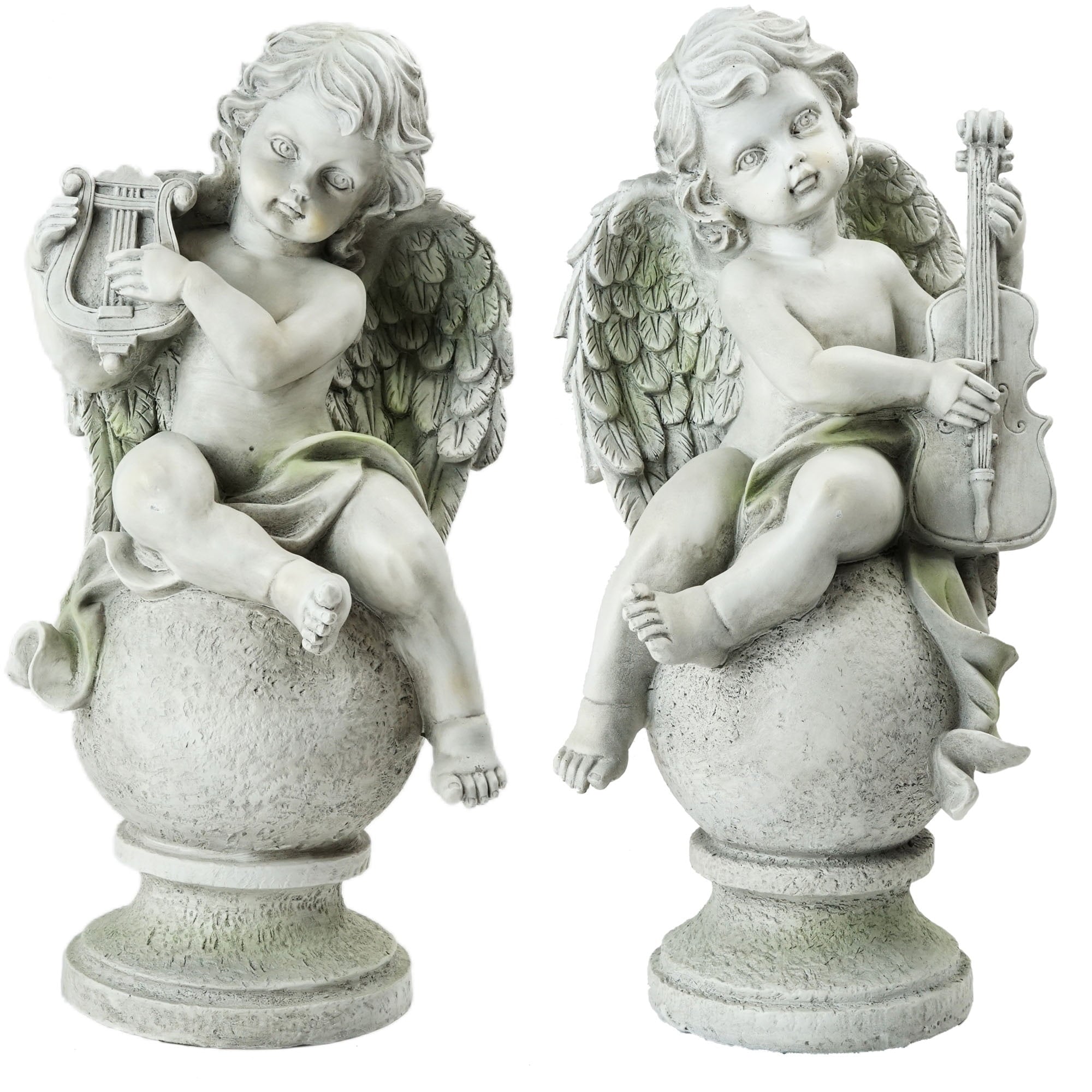 14.75" Ivory Set of 2 Cherub Angels with Violin and Harp Sitting on Finials Outdoor Garden Statues