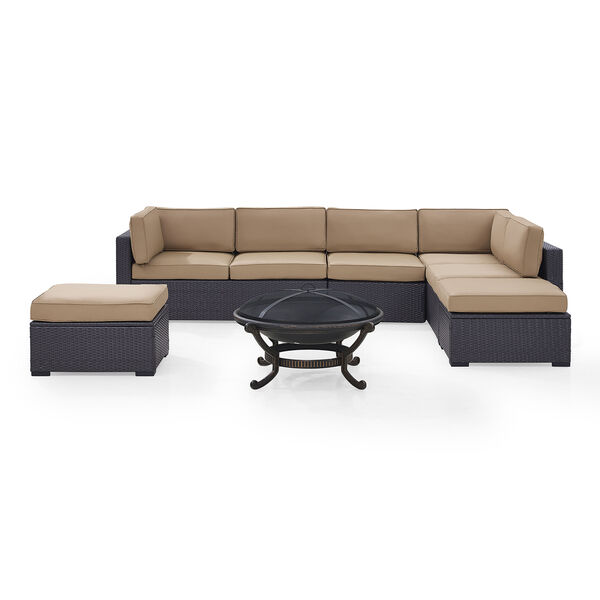 Biscayne 7 Person Outdoor Wicker Seating Set in Mocha  - Two Loveseats， One Armless Chair， Two Ottomans， Ashland Firepit