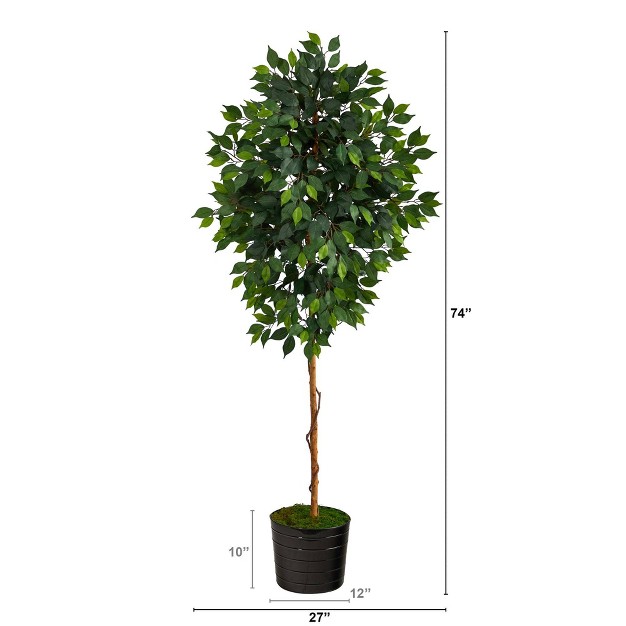 Nearly Natural 74-in Ficus Artificial Tree In Black Tin Planter