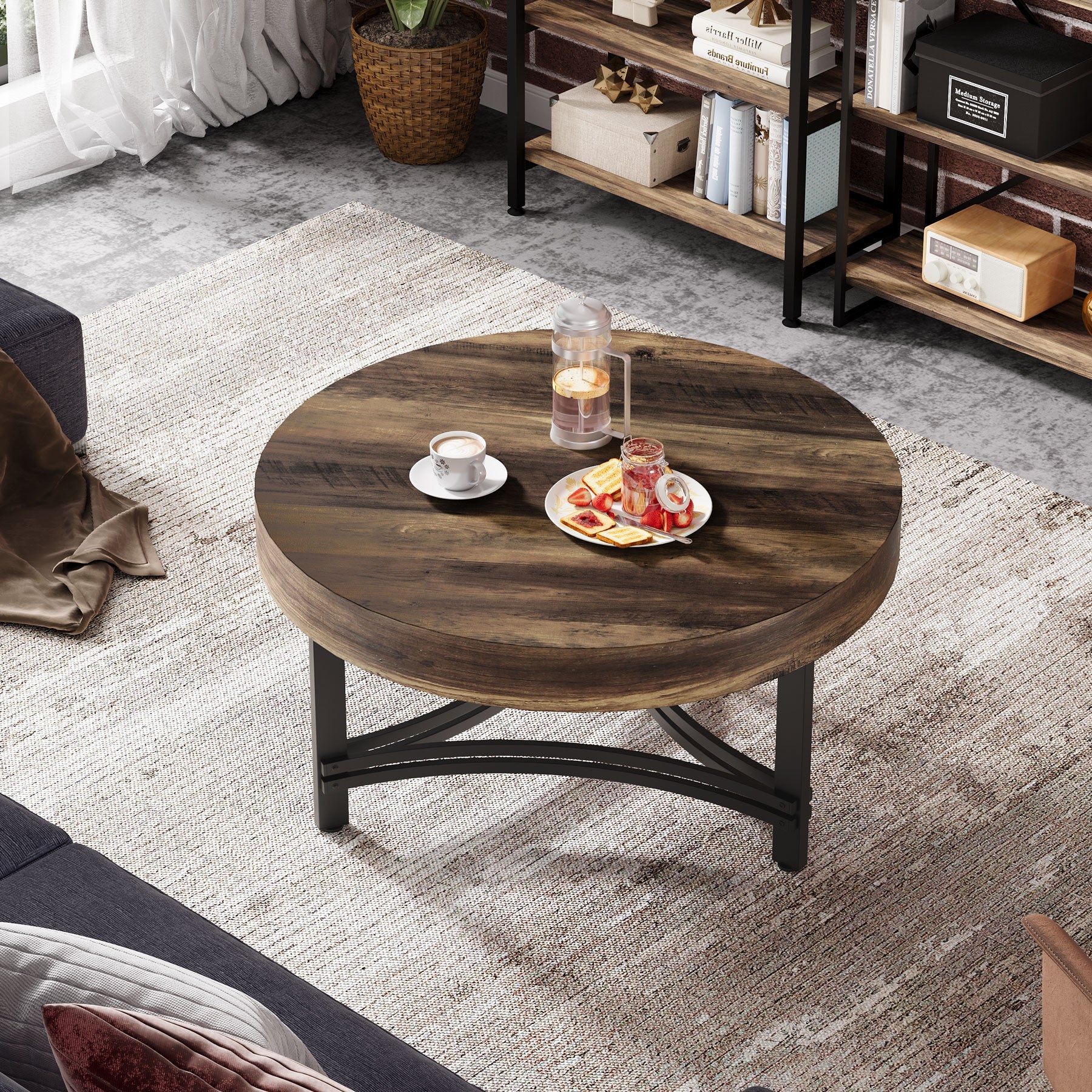 31.5 Wood Coffee Table, Round Rustic Center Table