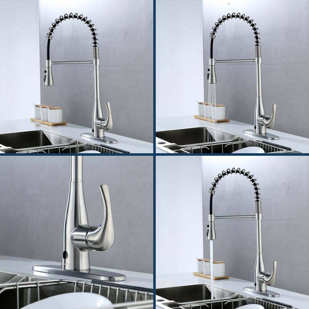 FLOW Motion Activated Single-Handle Pull-Down Spring Neck Sprayer Kitchen Faucet in Brushed Nickel SpringNeck-BN