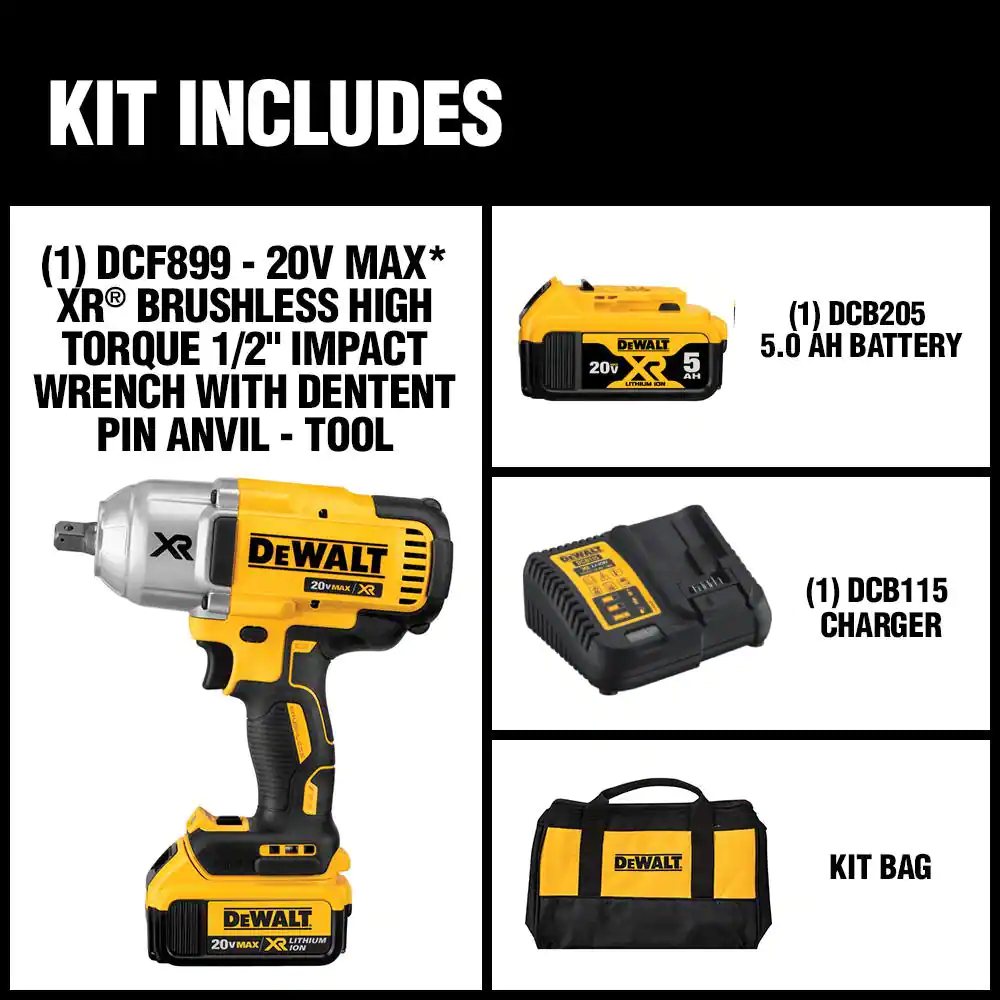 DEWALT DCF899P1 20-Volt MAX XR Cordless Brushless 1/2 in. High Torque Impact Wrench with Detent Pin Anvil， (1) 20-Volt 5.0Ah Battery