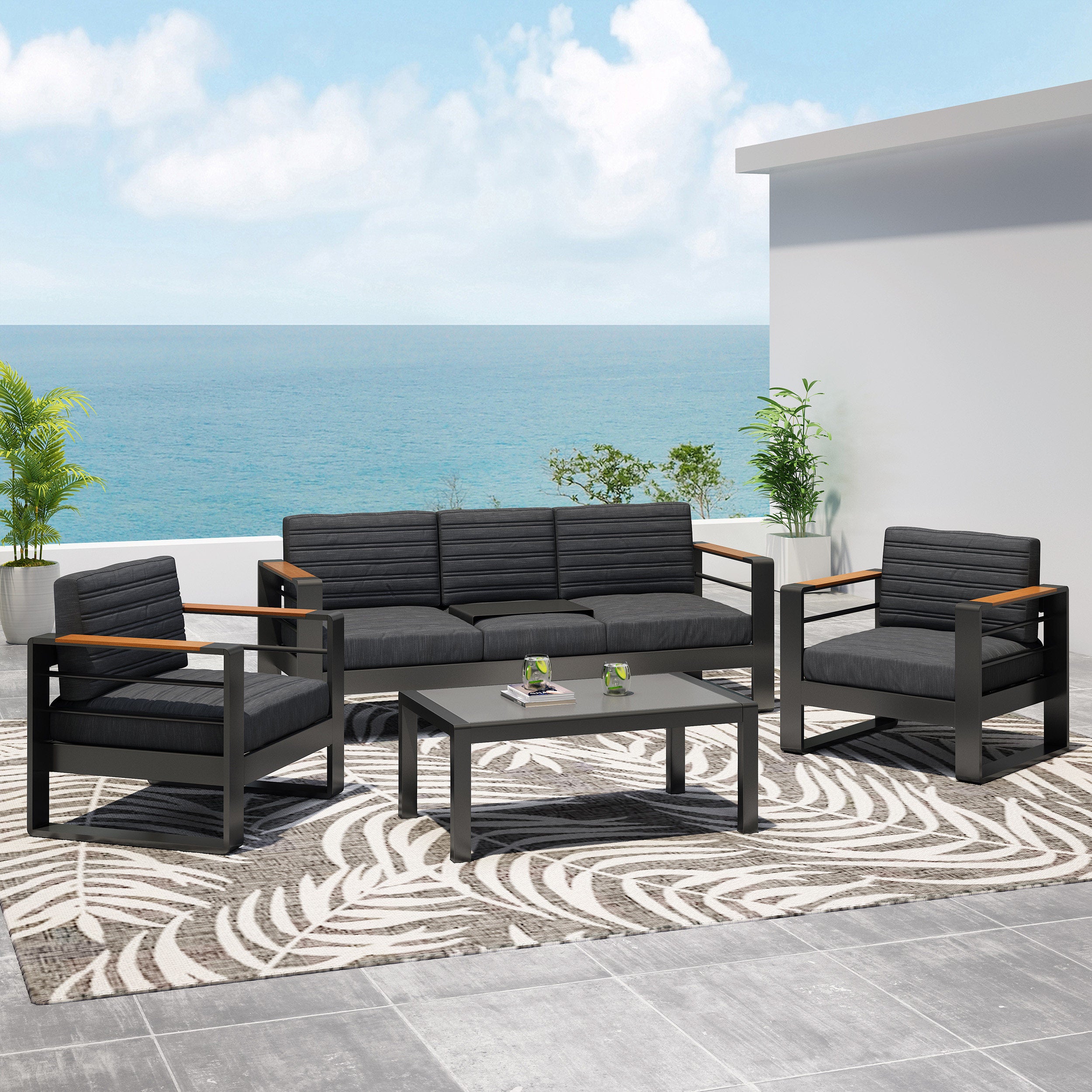 Neffs Outdoor Aluminum 5 Seater Chat Set with Water Resistant Cushions, Black, Natural, and Dark Gray