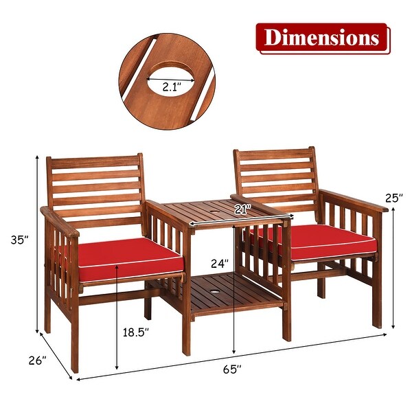 Costway Patio Loveseat Conversation Set Acacia Wood Chair Coffee Table