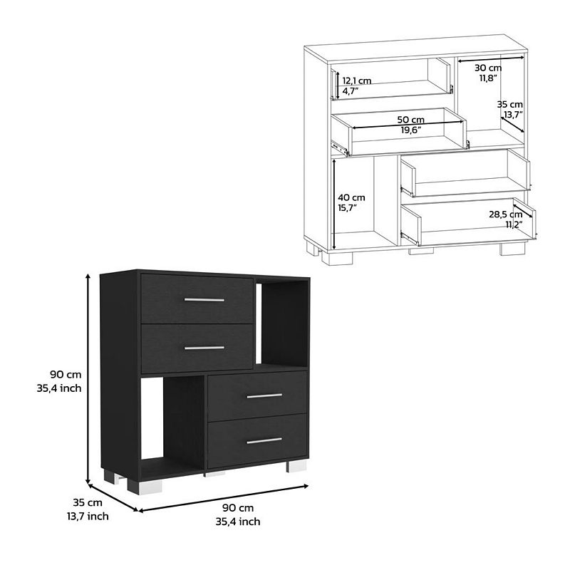 DEPOT E-SHOP Fountain Dresser， Two Open Shelves， Four Drawers， Black