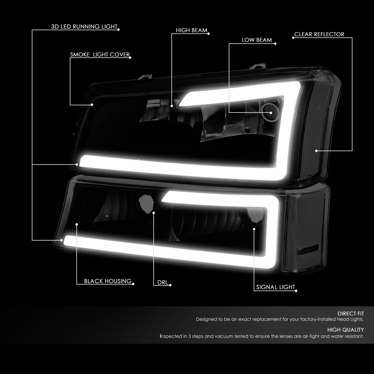 DNA Motoring HL-LB-CSIL03-BK-SM-CL1 Headlight Fits Truck 2003 to 2007 Chevy Silverado 1500 2500 3500HD Classic Avalanche Pair 3D LED DRL Bar Headlight/Bumper Lamps Dark Smoked 04 05 06