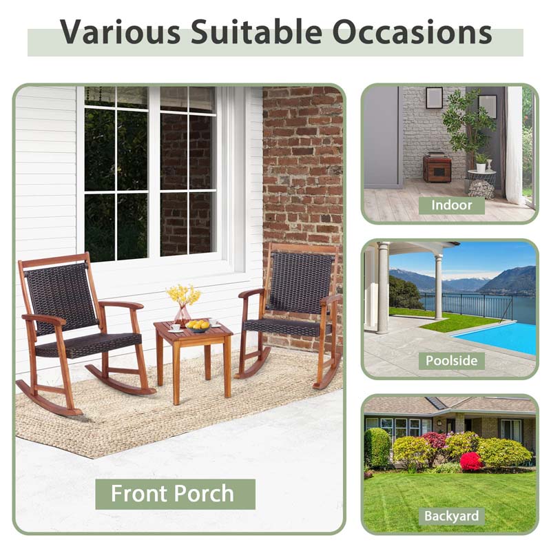 3 Pcs Acacia Wood Patio Rocking Chair Set with Side Table, Rattan Wicker Outdoor Rocking Bistro Set