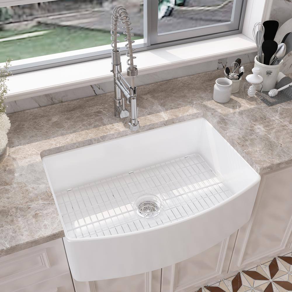 White Fireclay 30 in. Single Bowl Farmhouse Apron Kitchen Sink with Bottom Grid and Basket Strainer HKD-301810C-W