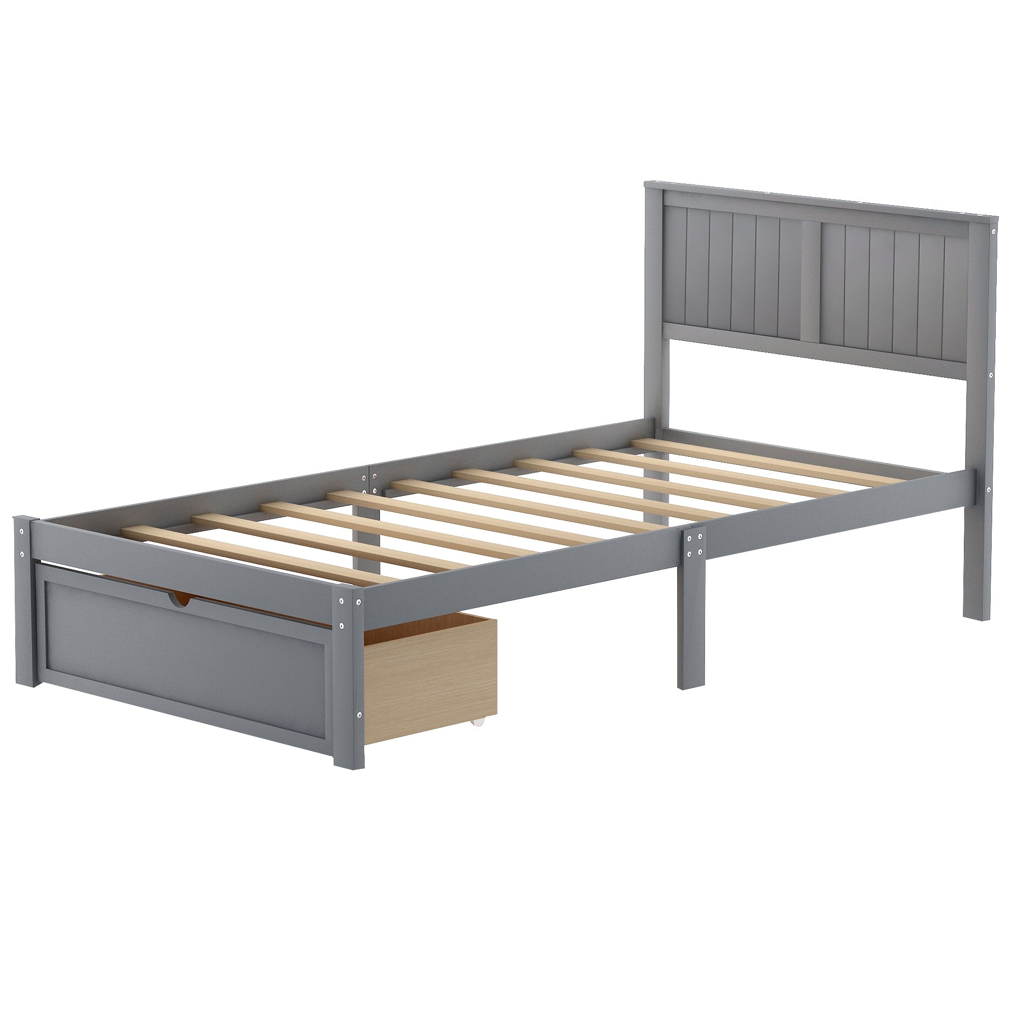 Twin Wood Platform Bed with Headboard & Big Storage Drawer for Kids, Gray