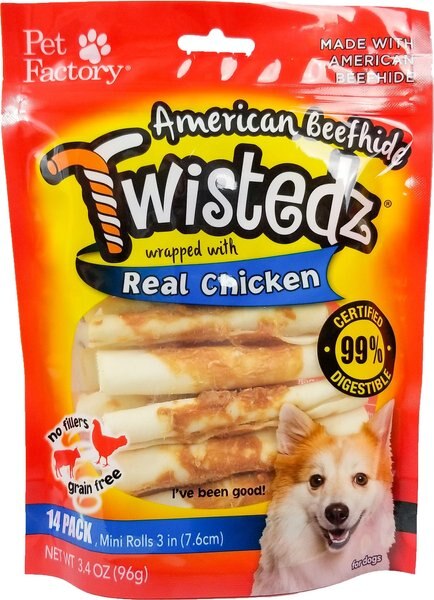 Pet Factory Twistedz 3 to 3.5-inch Beefhide Mini Rolls Chicken Flavored Dog Hard Chews， 14 count