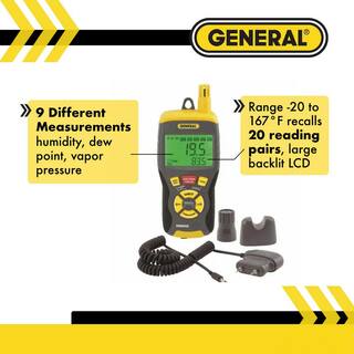 General Tools 9-in-1 Thermo-Hygrometer PinPinless Moisture Meter with Probe and Carry Case RHMG650